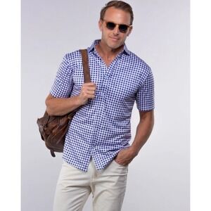 Collars and Co Dress Collar Polo Short Sleeve Button Down Small Blue White Grey